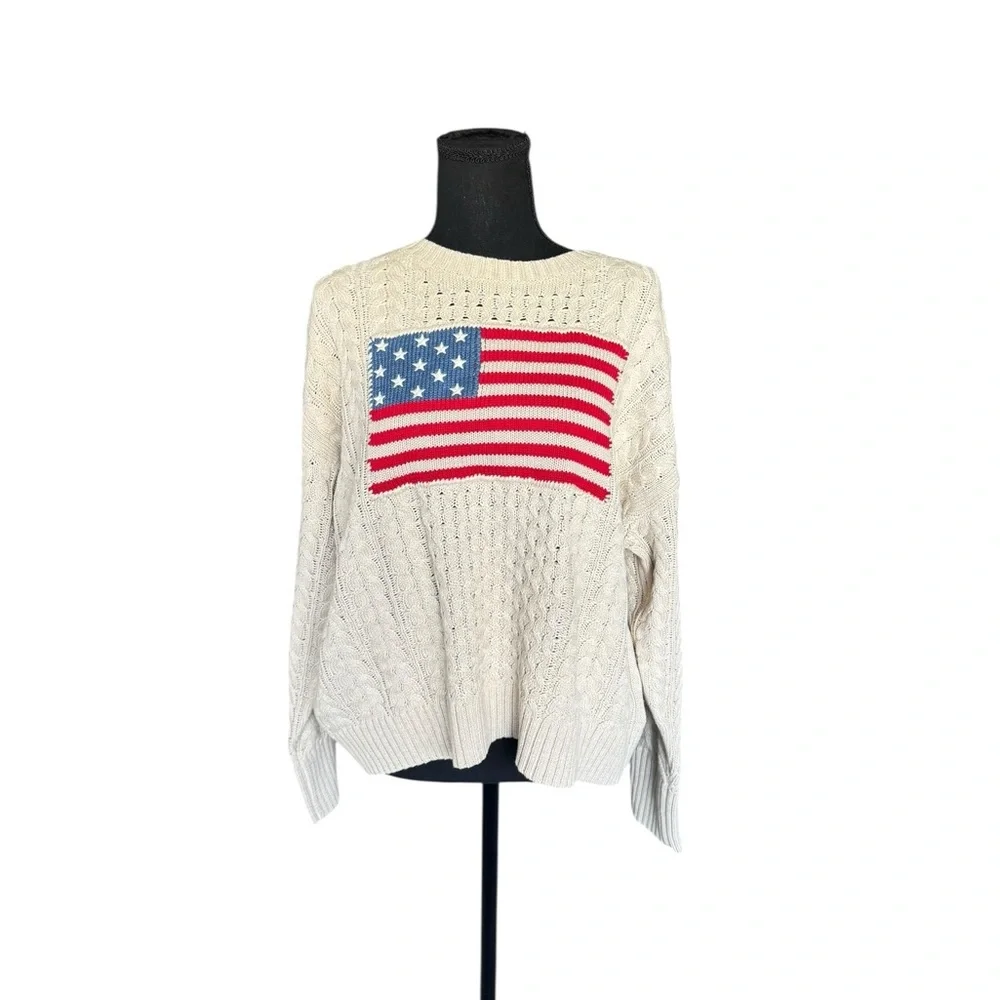 Denimist American Flag Cable Knit Sweater Oatmeal Cream Preppy Patriotic USA J32 - Picture 1 of 9